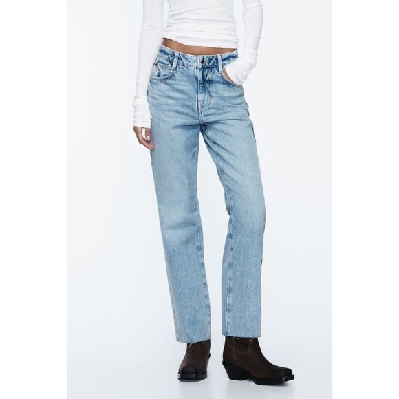 Zara Denim - Zara Jeans Womens 8 Mid Blue Straight Fit High Rise Ankle Raw Hem Rigid NWT